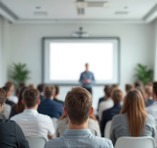 people attending a presentation in a modern conference room focused on learning and engagement with twelve key takeaways displayed on the screen